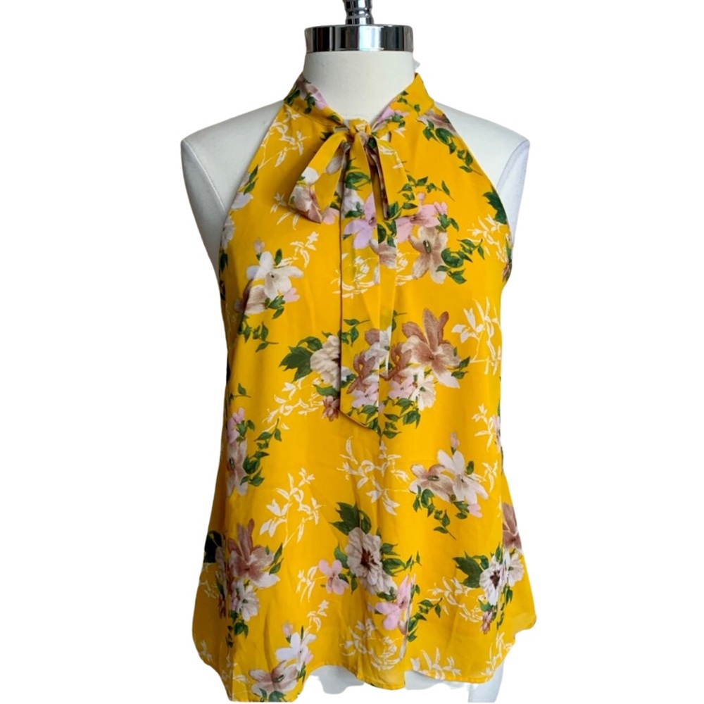 DNA COLLECTION Top Yellow Halter Blouse Large Tie Neck